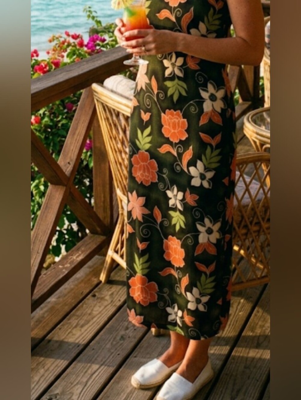 Vintage Tropical Print Maxi Dress (Sz S) Retro 80s Beach Resort Surf Coastal